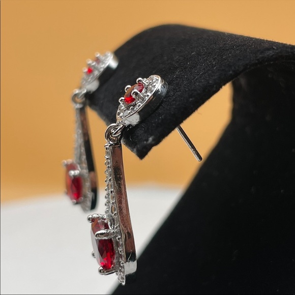 925 Sterling Silver Red Ruby Diamond Tear Drop Pear Cut Elegant Dangle Earrings - Picture 11 of 13
